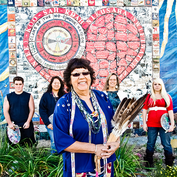 People standing in front of mural